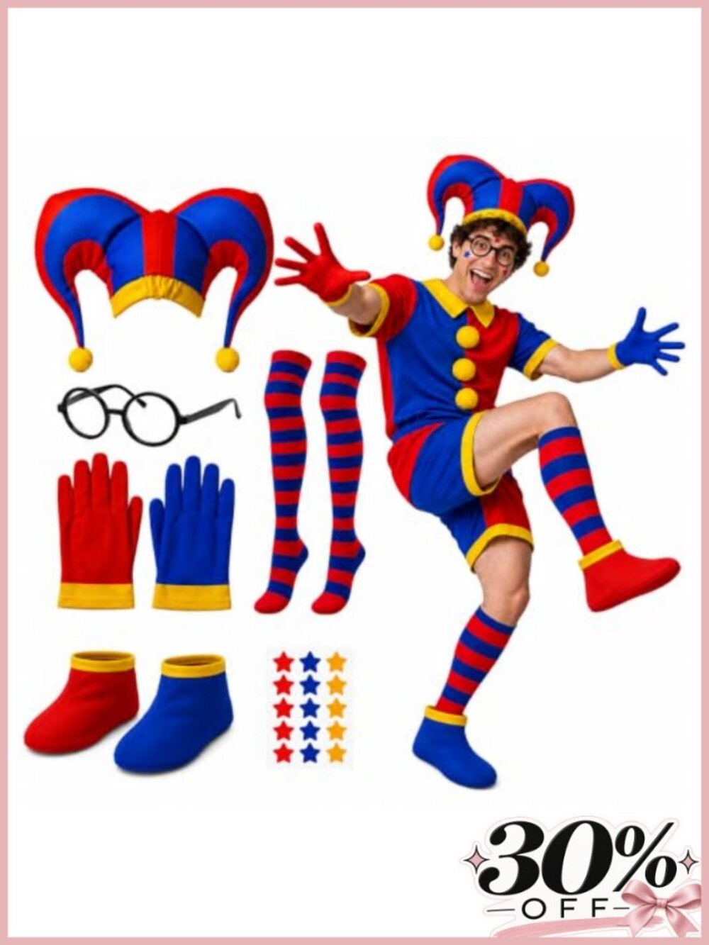 6 Pc Halloween Clown Costume Set Adult Jester Hat Gloves Socks Cosplay